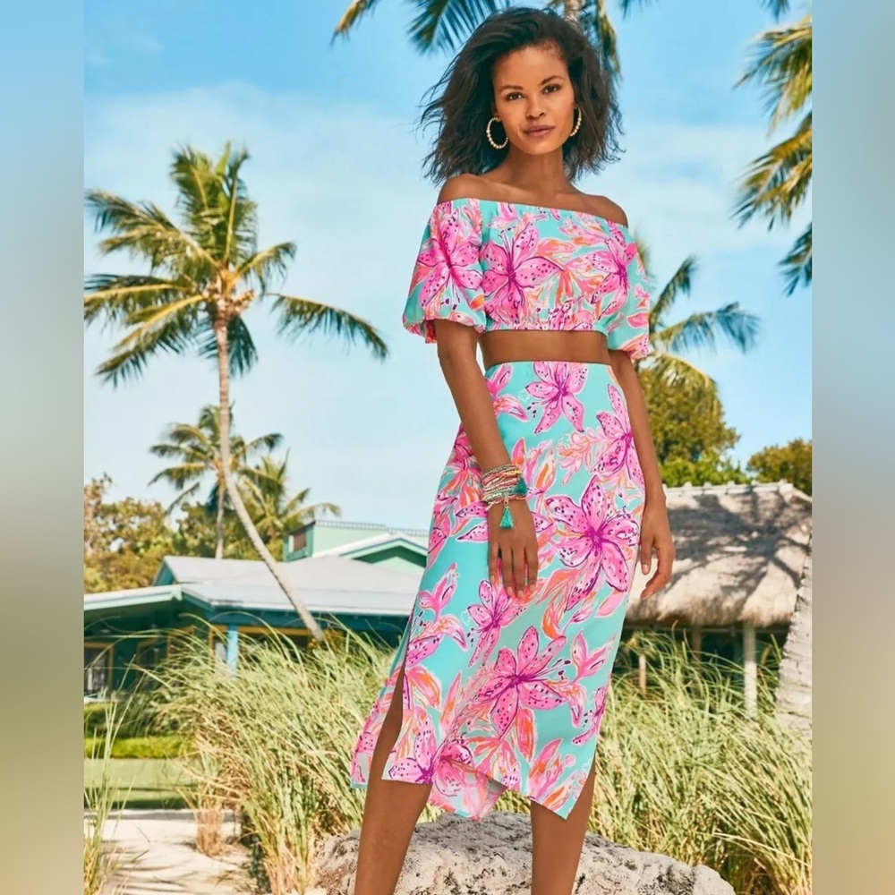 Lilly Pulitzer Esmeray Crop Top & Midi Skirt Set Surf Blue Bonita Blooms Resort - Picture 9 of 16